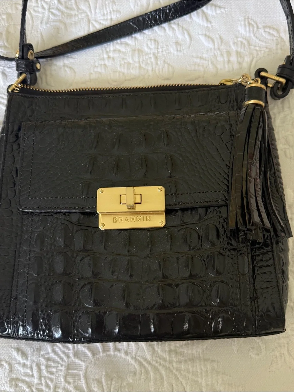 BRAHMIN Black Crossbody Bag with Crocodile Embossed Leather - Picture 4 of 9